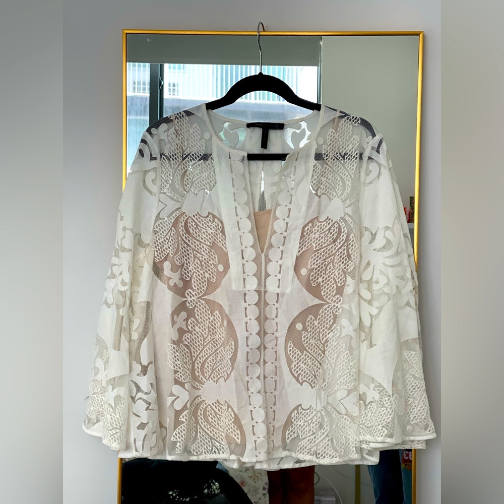 BCBG White Detail Long Sleeve Transparent Top Blouse